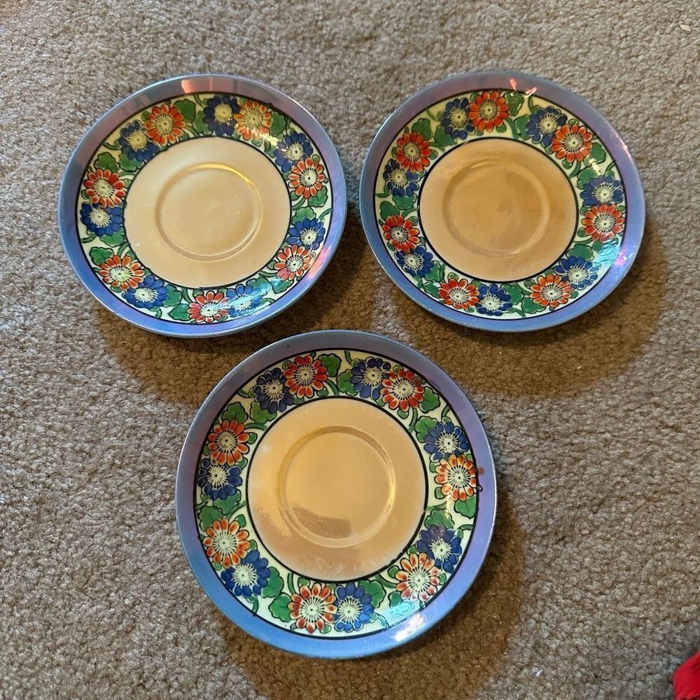 Vintage Japanese floral hand painted tidbit plates set of 3